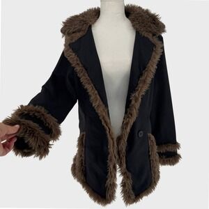 Y2K Penny Lane Afghan Thin Cotton Jacket M Faux Fur Trim Bratz Whimsygoth Black